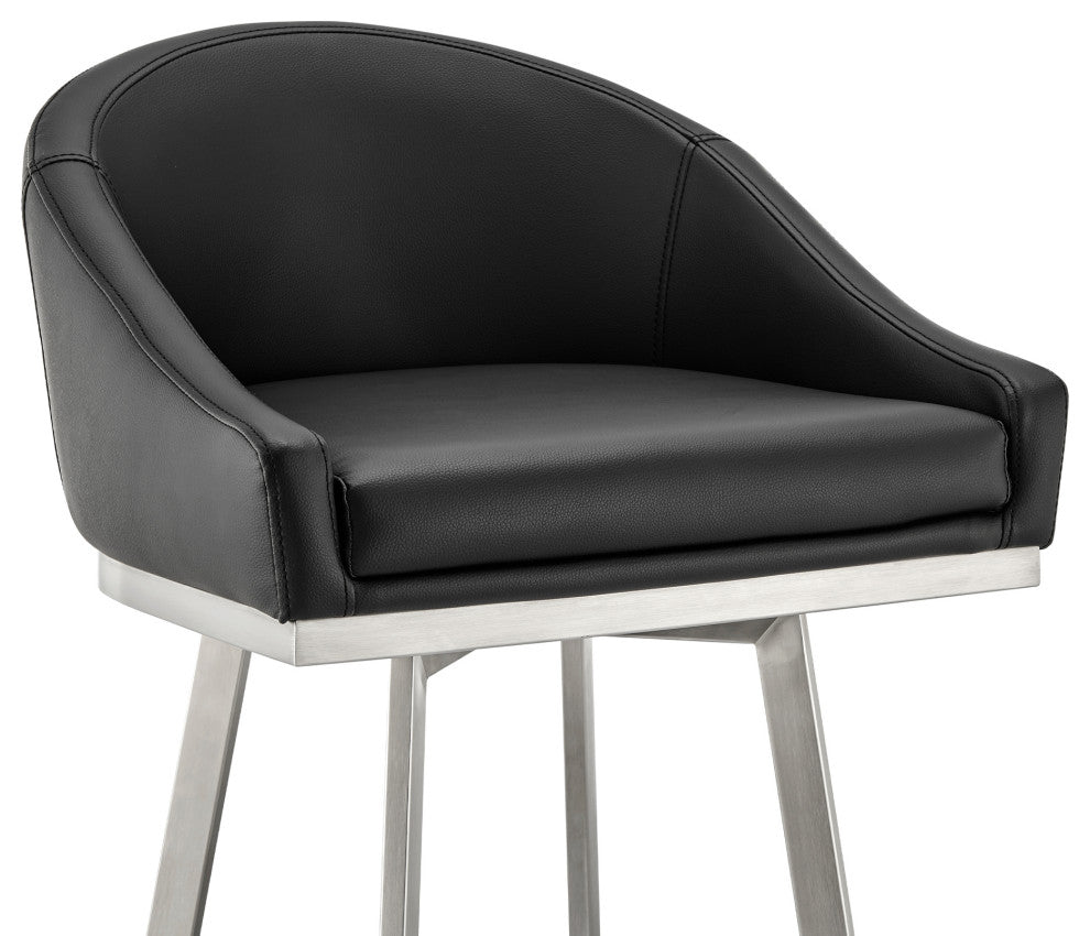 Noran Swivel Bar Stool, Brushed Stainless Steel With Black Faux Leather