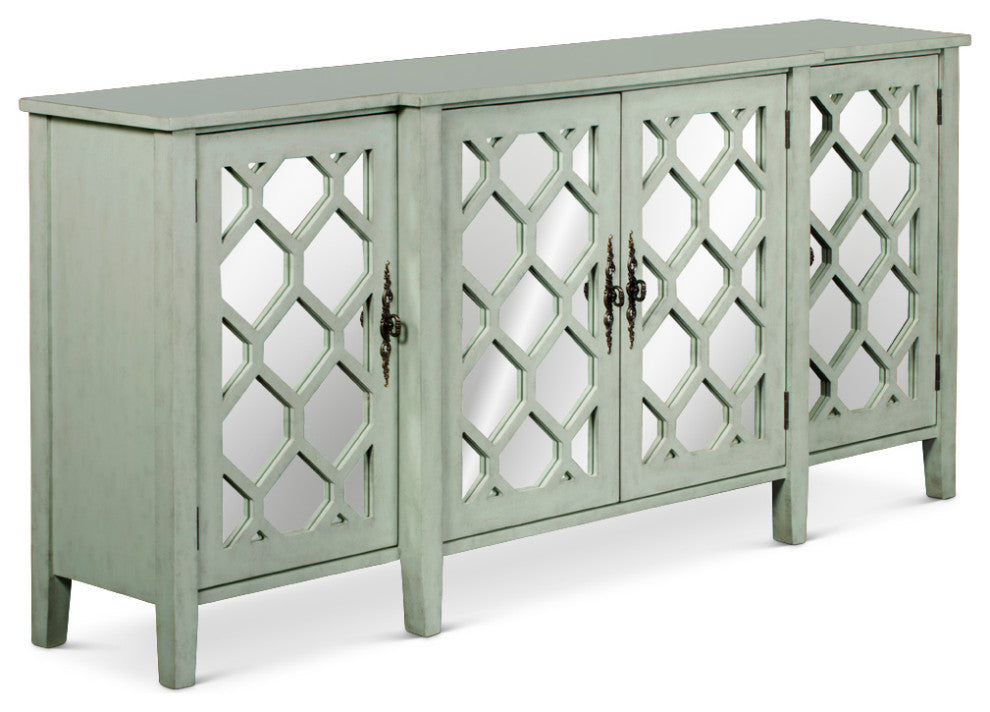 Zen Sage Sideboard with Lattice Fretwork Mirror Doors