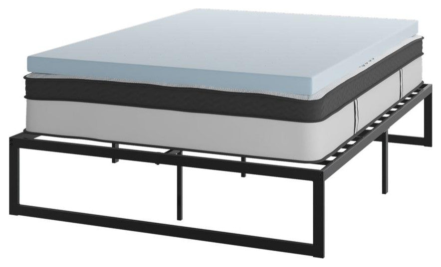 14" Metal Platform Bed Frame, 12" Pocket Spring Mattress & Memory Foam Topper, Black, King