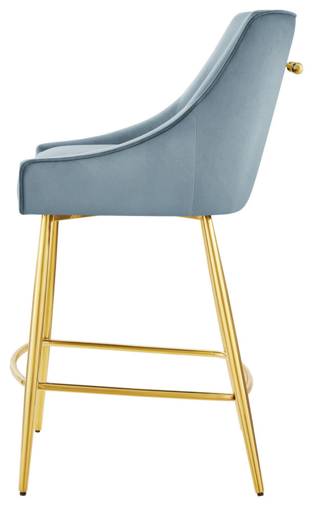 Counter Stool Chair, Blue, Velvet, Modern Bar Pub Cafe Bistro Lounge Dining