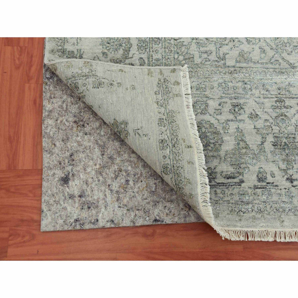 Gray, Wool and Silk Hand Knotted, Persian Erased Heriz Design Rug, 9'10"x14'3"