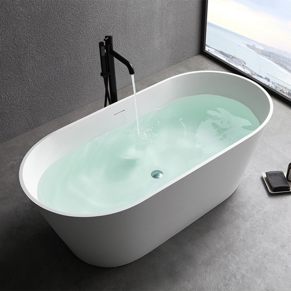 63" Solid Surface Freestanding Flat Bottom Non-Whirlpool Bathtub, White