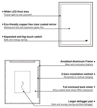 Framed LED Lighted Bathroom Vanity Mirror With Defogger, Gold, 48"x36"