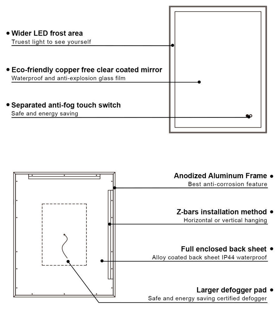 Framed LED Lighted Bathroom Vanity Mirror With Defogger, Gold, 48"x36"