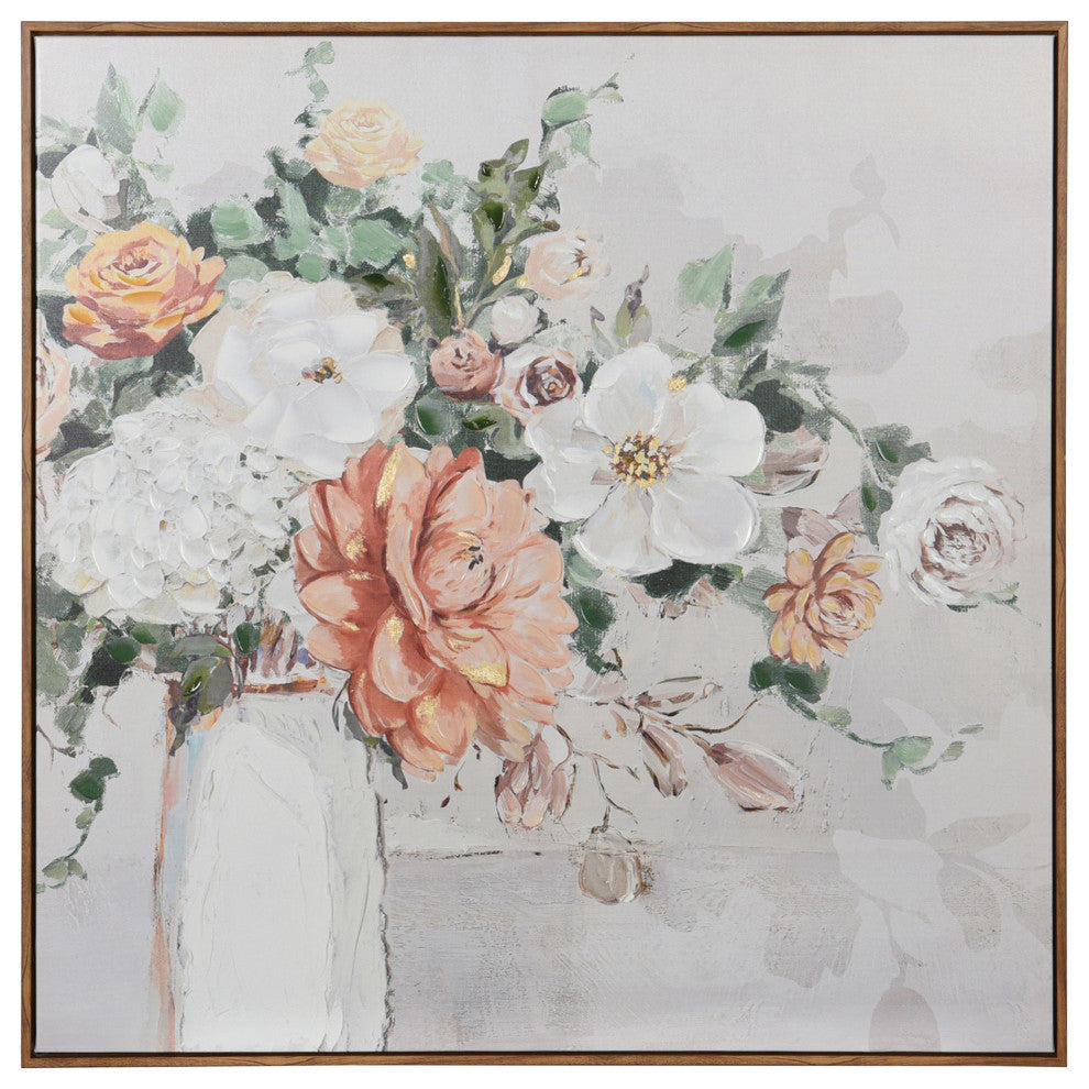 Spring Flowers Abstract Bouquet Canvas Wall Art Natural Wood Frame