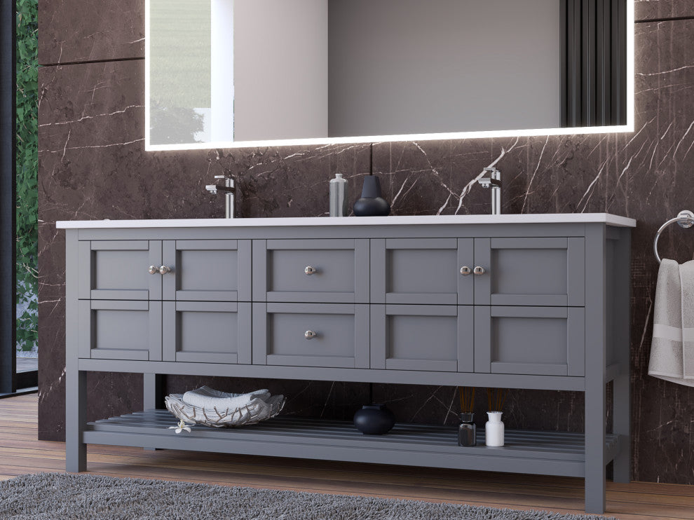 CastelloUSA Alicia 72" Freestanding Vanity Set, Gray, White Top, Chrome Handles