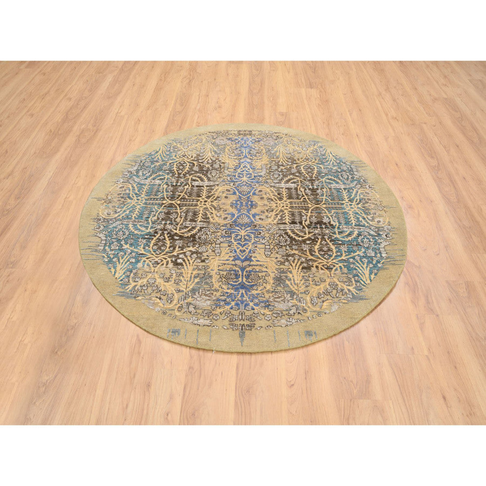 Tan/Brown Transitional Sarouk Silk With Wool Hand Knotted Round Rug, 6'0"x6'0"