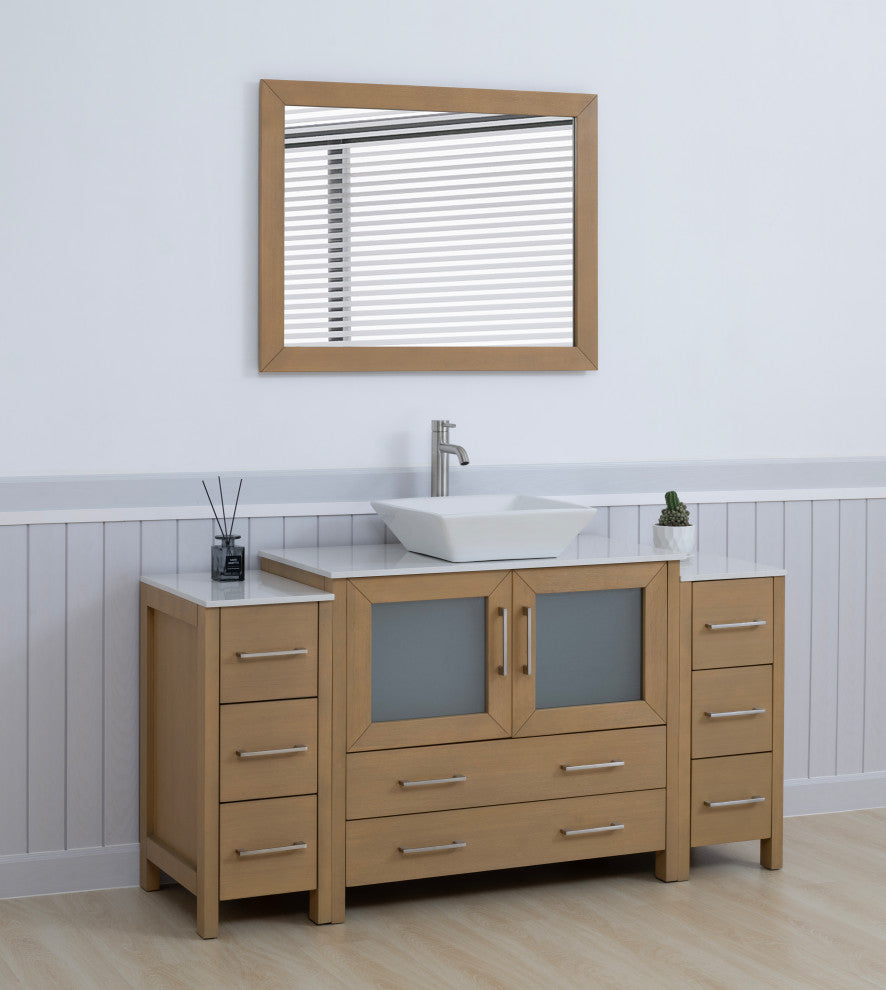 Vanity Art Vanity Set With Vessel Sink, Natural Oak, 60", Standard Mirror
