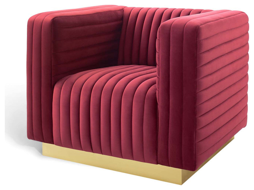Tufted Armchair Accent Chair, Velvet, Red, Modern, Living Lounge Hospitality