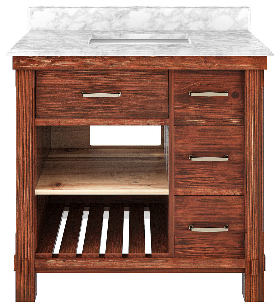 Freestanding Bath Vanity in Brown with White Carrara Marble Top, 36in