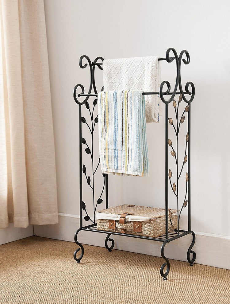 Benzara Gold Leaves Metal Towel Rack Stand With Shelf, Black