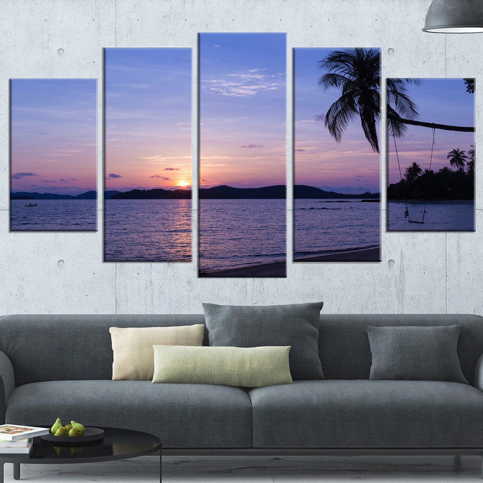 "Hanging Seat in Blue Sunset Beach" Modern Seashore Wall Art, 5 Panels, 60"x32"