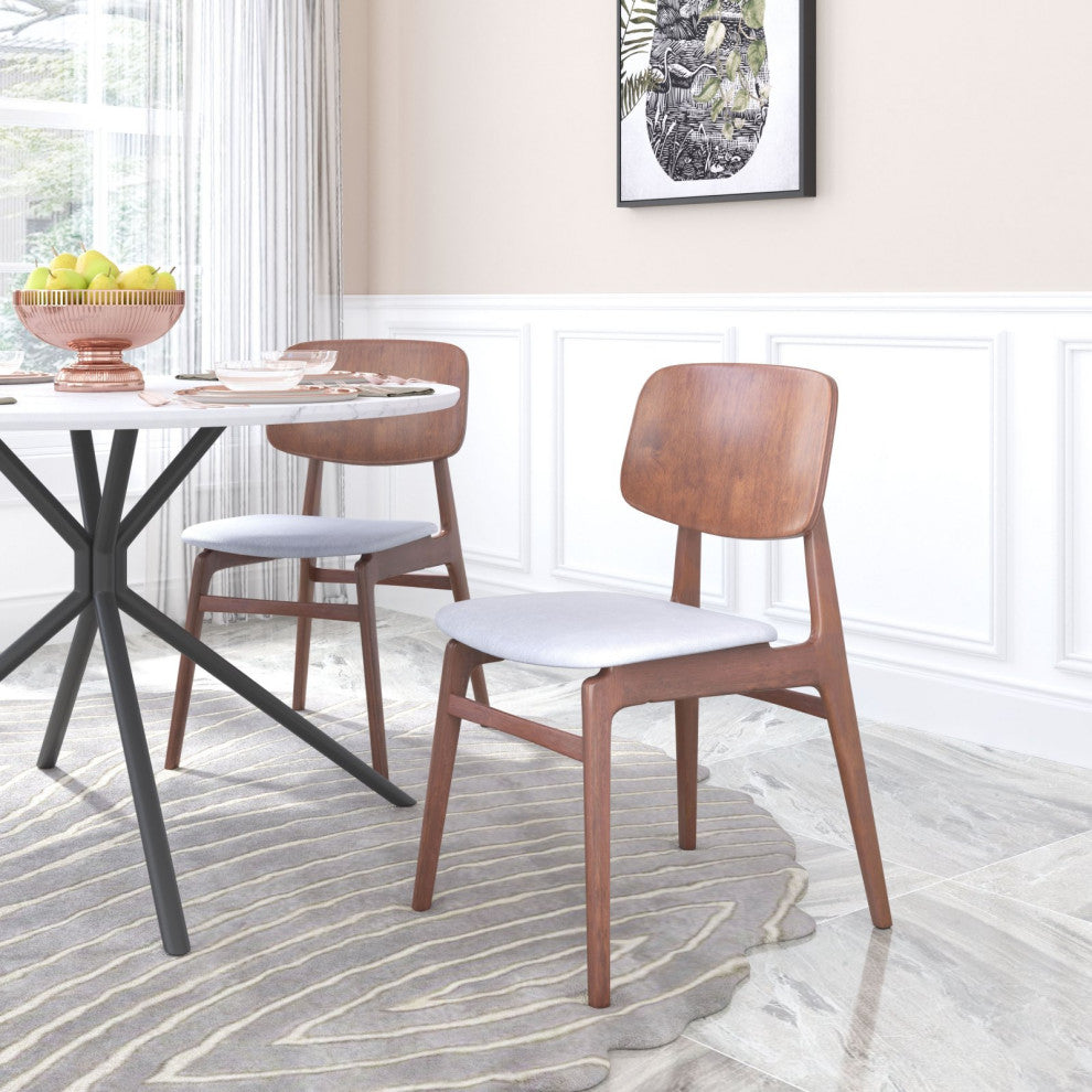 Dining Chair, Set of 2, Fabric, Wood, Gray, Walnut, Bar Kitchen Pub Bistro