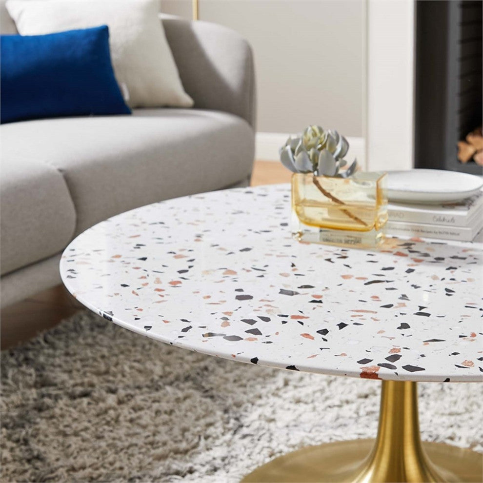 Modway Lippa 36" Round Modern Terrazzo & Metal Coffee Table in Gold/White