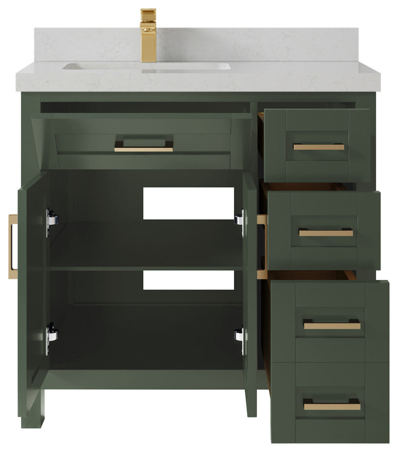 Cambridge 36 Left Offset Bath Vanity in Pewter Green 2" Carrara Quartz