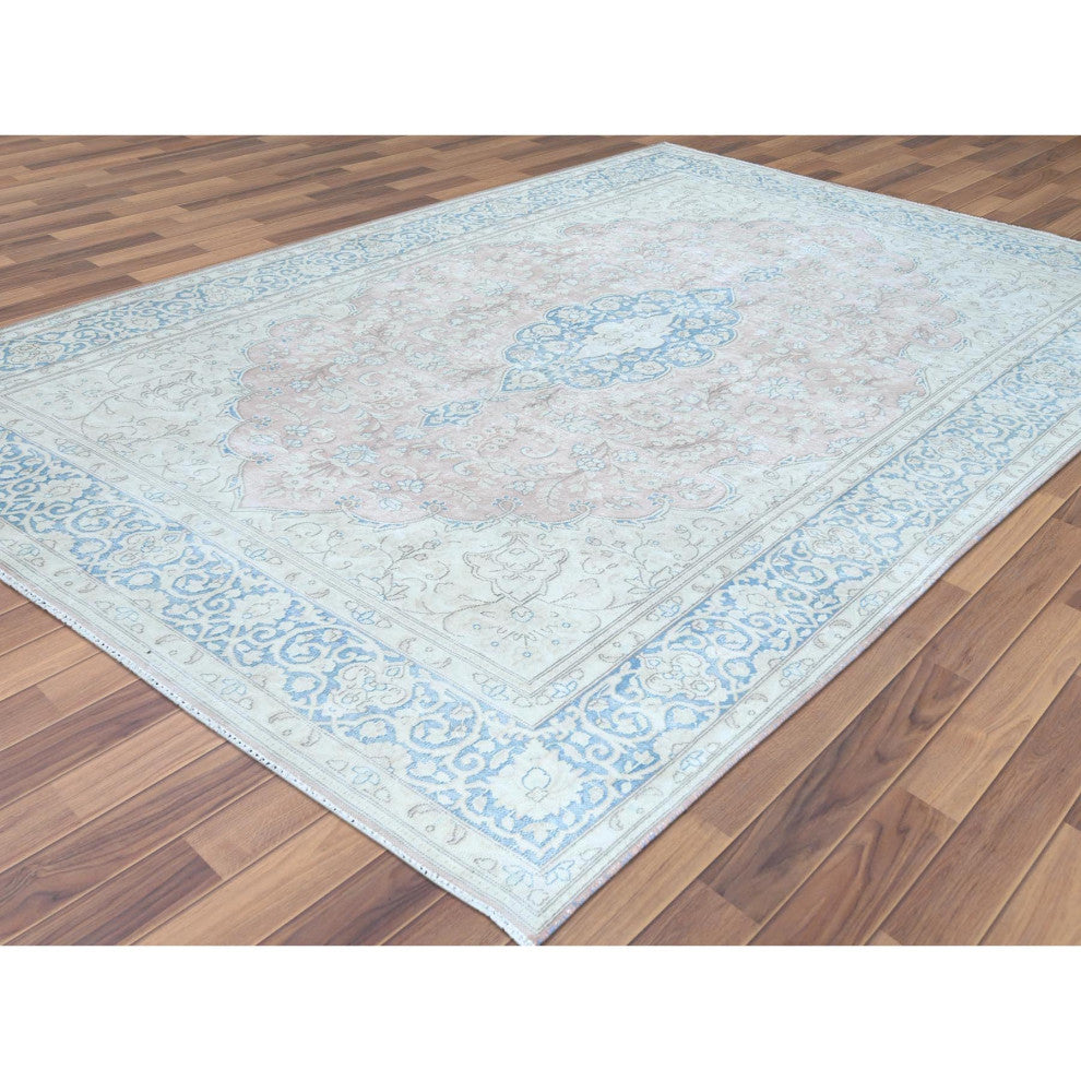 Worn Wool, Hand Knotted, Red, Vintage Persian Kerman Oriental Rug, 7'0" x 10'4"