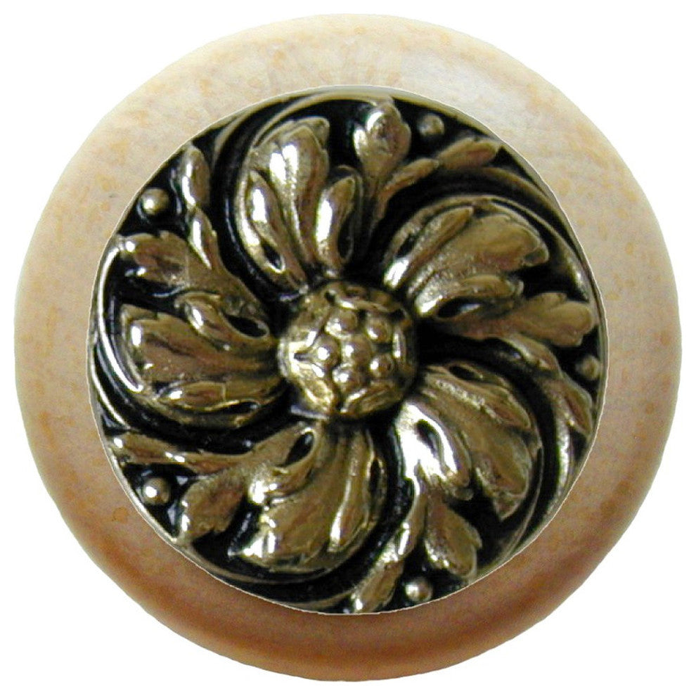 Chrysanthemum Natural Wood Knob, Clear Finish With Bright Brass