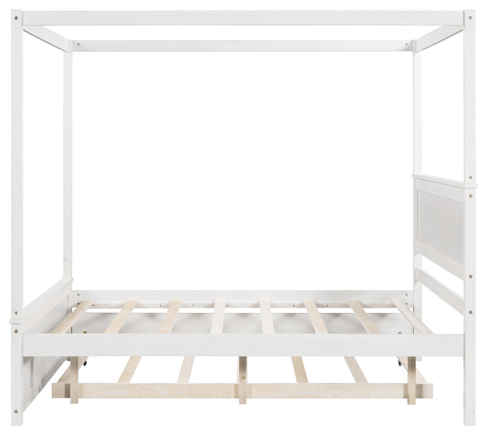 Full Wood Frame Canopy Platform bed with Trundle Bed, White, Full