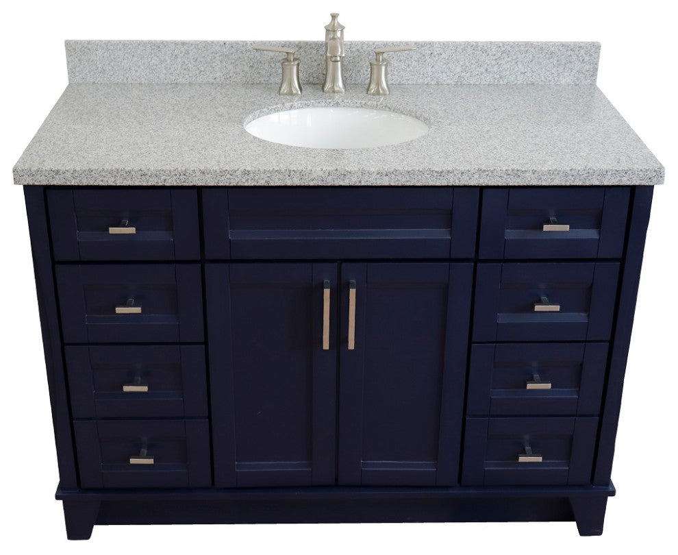 49" Single Sink Vanity, Blue Finish With Gray Granite And Oval Sink