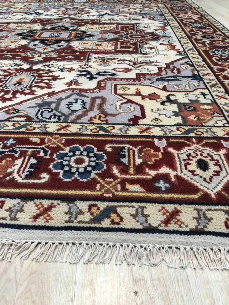 Hand-Knotted Wool Ivory Traditional Medallion Heriz Weave Rug, 6' X 9'