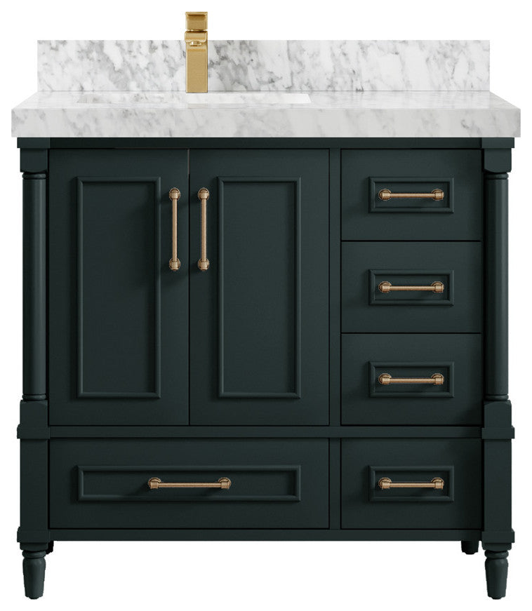 Aberdeen 36 Left Offset Bath Vanity in Dark Forest Green 2" Carrara Marble