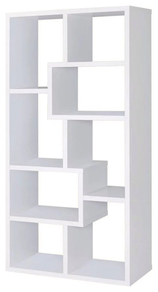 Tall Modern Bookcase, Geometric Design With Open Comparments, White