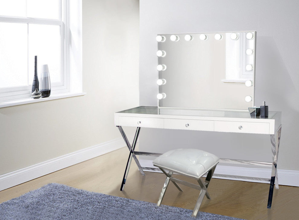 Glam Vanity Mirror With Dimmer, Table and Chair, White