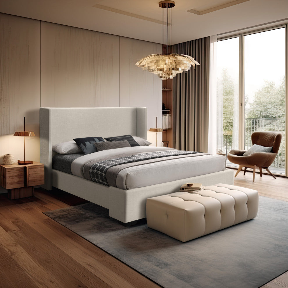 Oxford Linen Textured Fabric Upholstered Bed, Beige, King