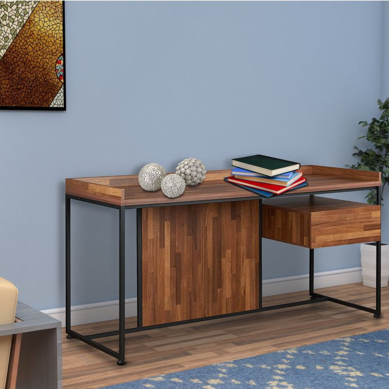 Modern Desk, Minimalist Design With Metal Frame & Multi Tone Brown Finished Top