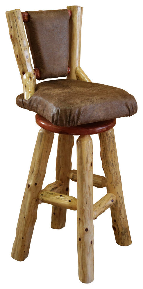 Red Cedar Log Upholstered Swivel Barstool, 24 Inch, Quarter Espresso