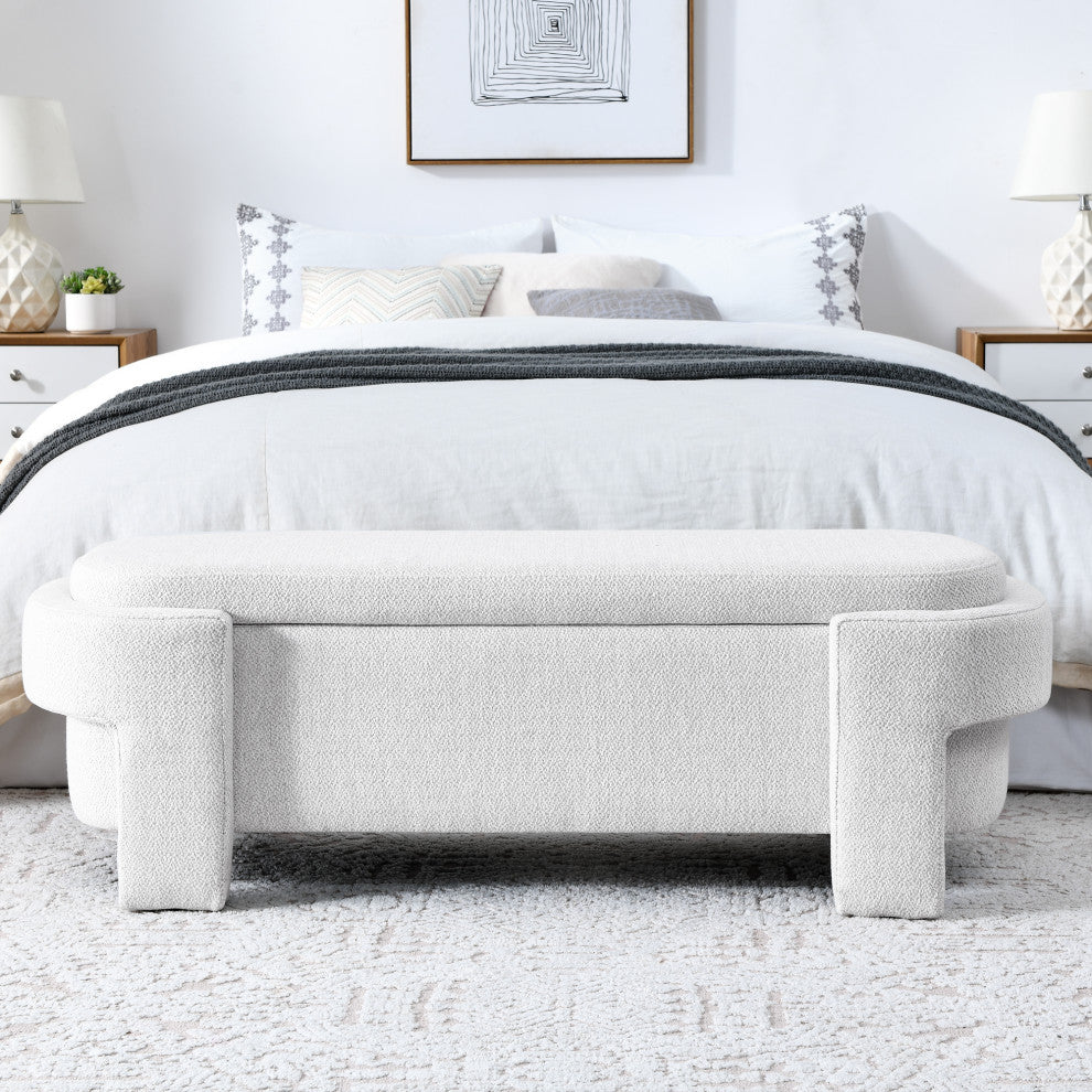 Gewnee Linen Fabric Upholstered Bench with Large Storage Space,Beige, White