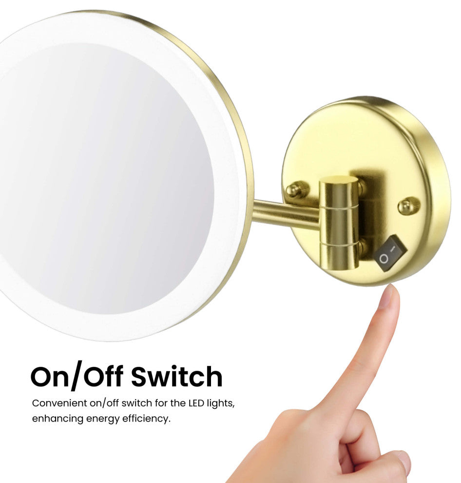 Circular LED Wall Mount One Side 5x Magnifying Make Up Mirror, Brushed Gold