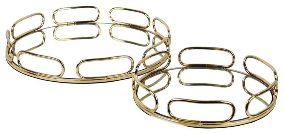 Artistic Glass & Metal Round Trays, Set of two, Gold
