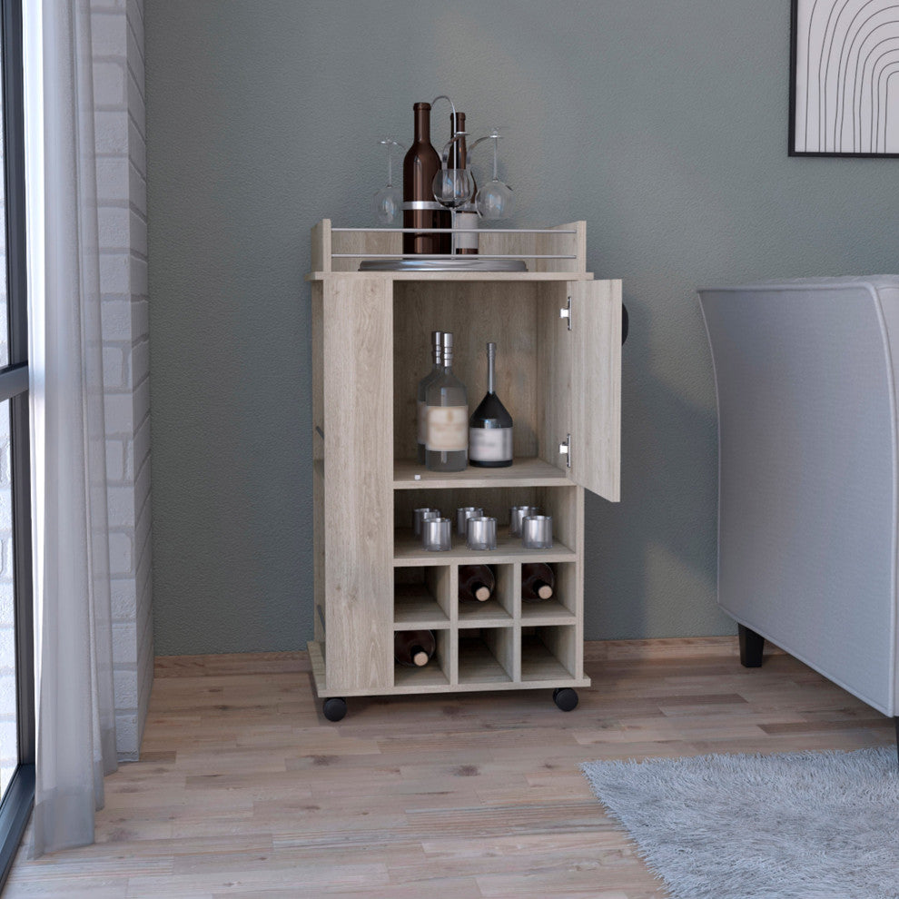 DEPOT E-SHOP Fraser Bar Cart with 6 Built-in Wine Racks and Single-Door Cabinet