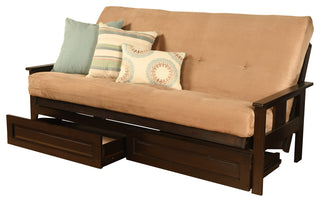 Caleb Frame Futon With Espresso Finish, Storage Drawers, Suede Tan
