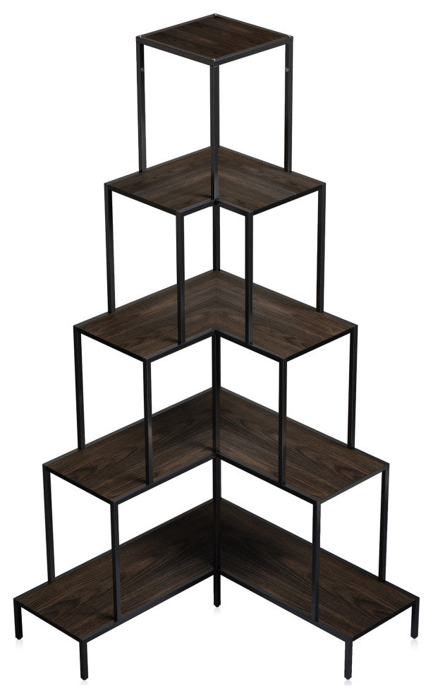 5-Tier Corner Bookshelf with RGB Light, 66" Tall L-Shaped Bookcase, Gray