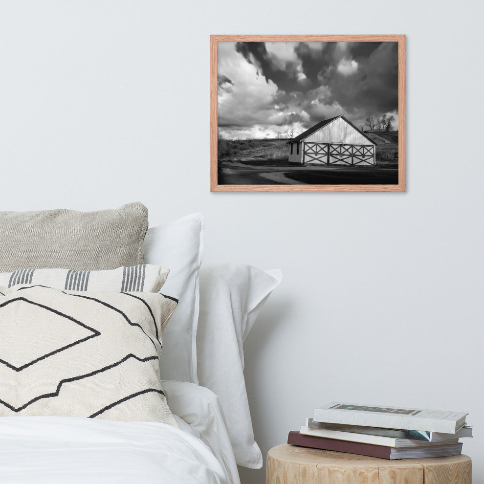 Aging Barn Morning Sun in Black and White Framed Photo Paper Wall Art Prints, Red Oak, 16" X 20"