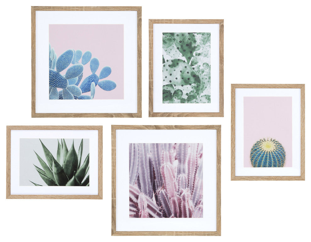 Modern Cactus Framed Wall Art Set, Natural 5 Piece