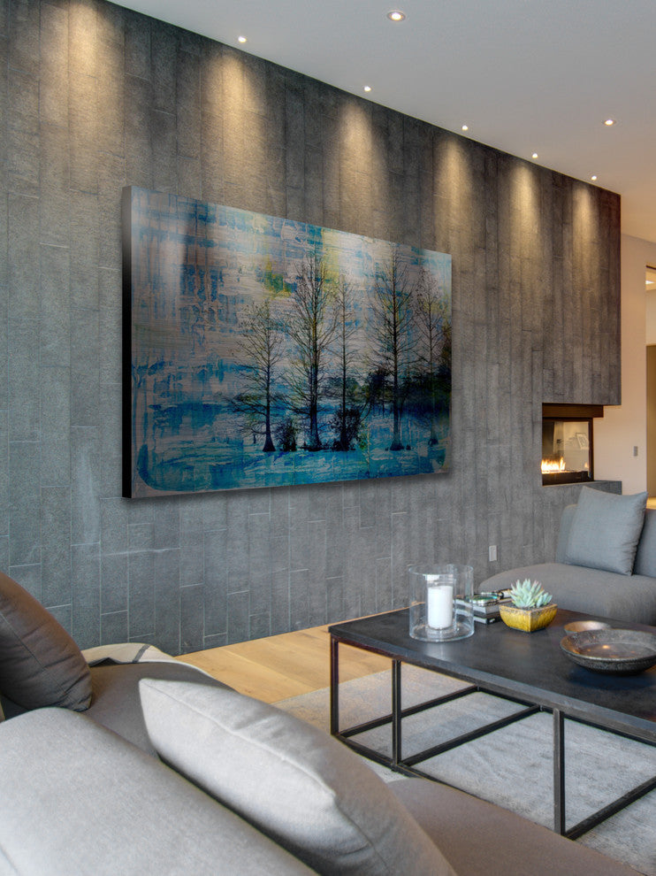 "Fir Trees Blue" Painting Print on Brushed Aluminum, 36"x24"