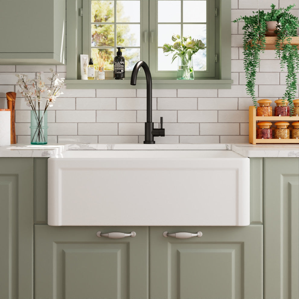 30" x 20" Farmhouse Kitchen Sink Ceramic Single Bowl With Sink Grid and Strainer