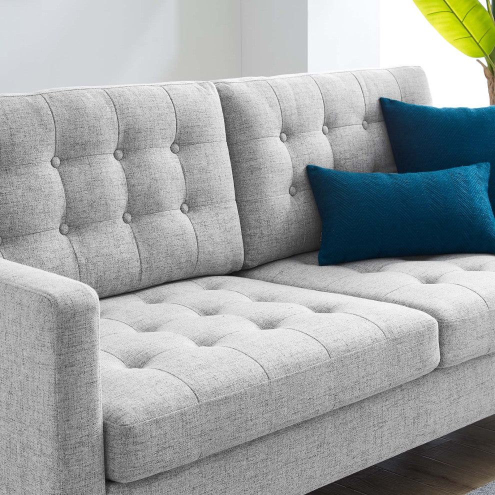 Tufted Sofa, Fabric, Gray, Modern, Living Lounge Hotel Lobby Hospitality