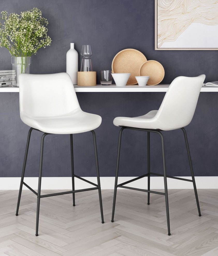 Counter Stool Chair, Faux Vinyl Leather, Steel, White, Black, Mid Century Cafe