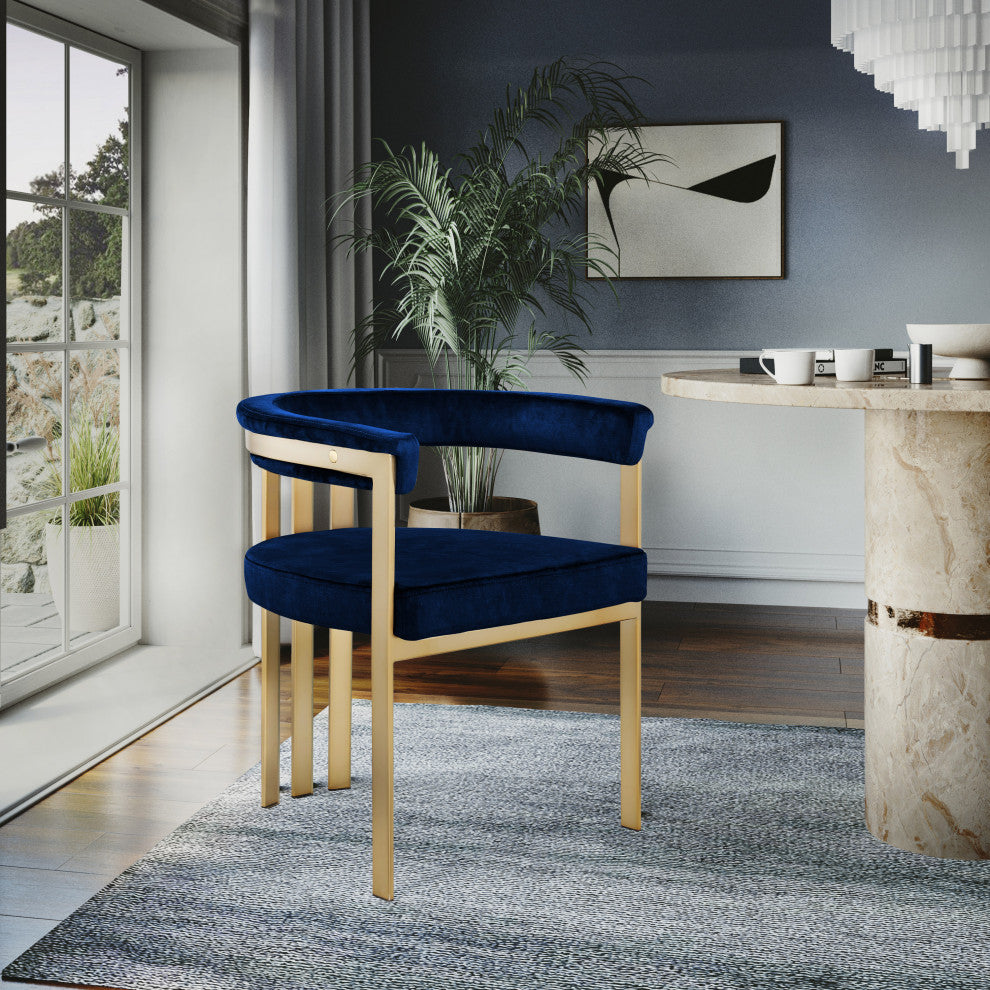 Marcello Upholstered Dining Chair, Navy, Velvet, Brushed Brass Finish