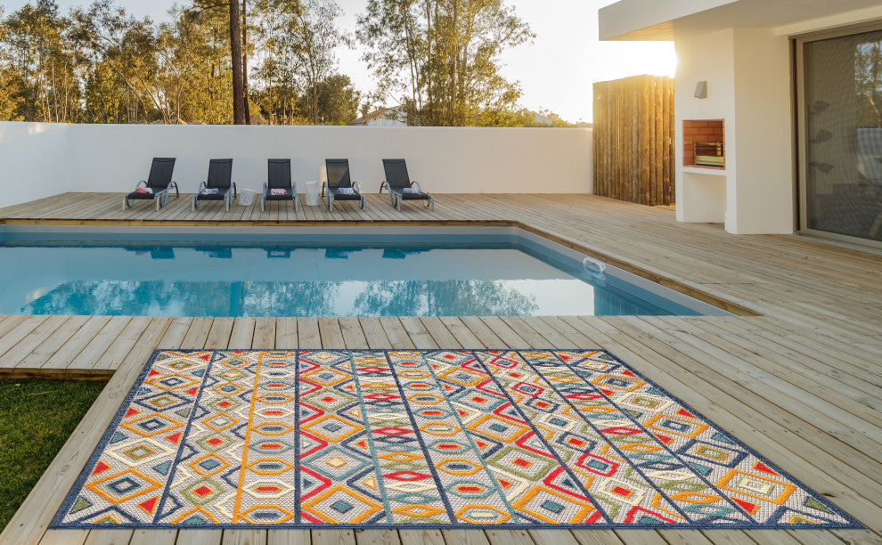KAS Calla 6928 Ivory/Multi Aztec Area Rug, 6'7"x9'