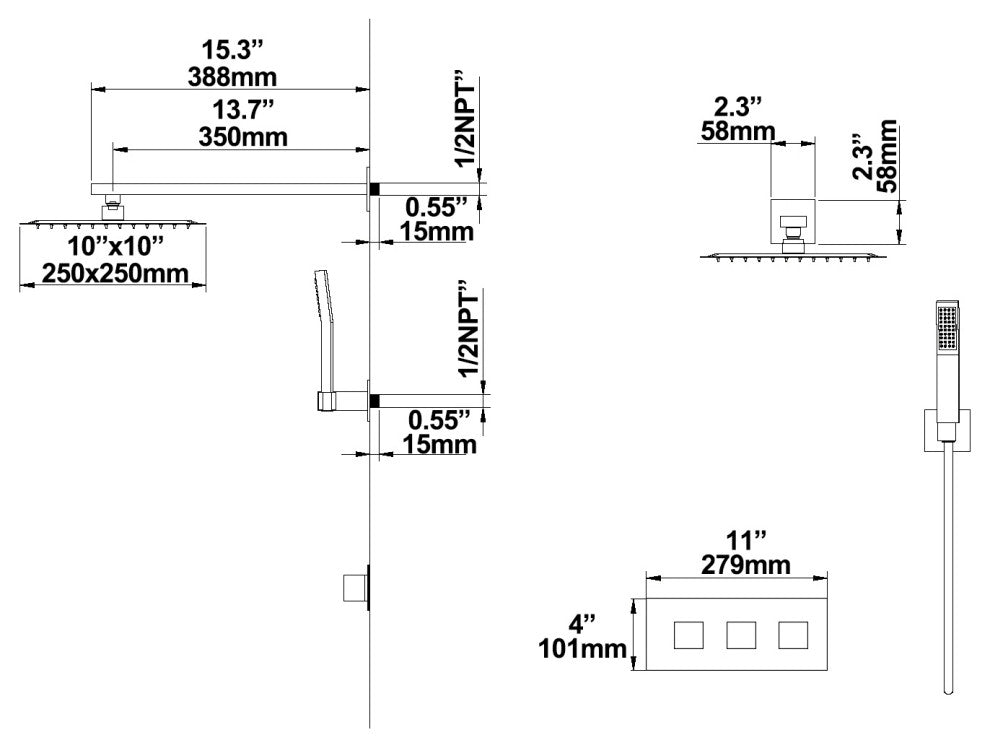 Wall Mounted Rain Shower System with Hand Shower, Brushed Gold