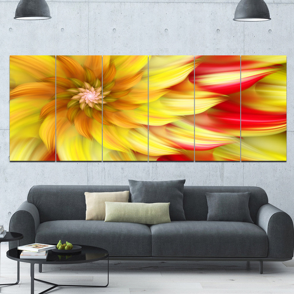 Rotating Yellow Red Fractal Flower, Floral Canvas Art Print, 70"x28", 6 Panels