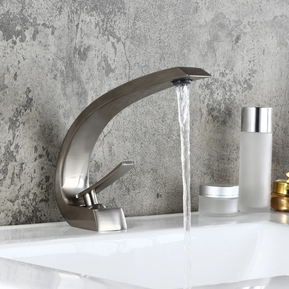 Single Hole 1-Handle Bathroom Sink Faucet Curved Spout with Pop Up Drain, Brushed Nickel