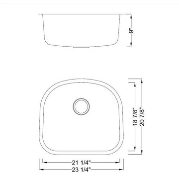 23" Stainless Steel Undermount D-Bowl Kitchen Island/Bar Sink, 16 Gauge