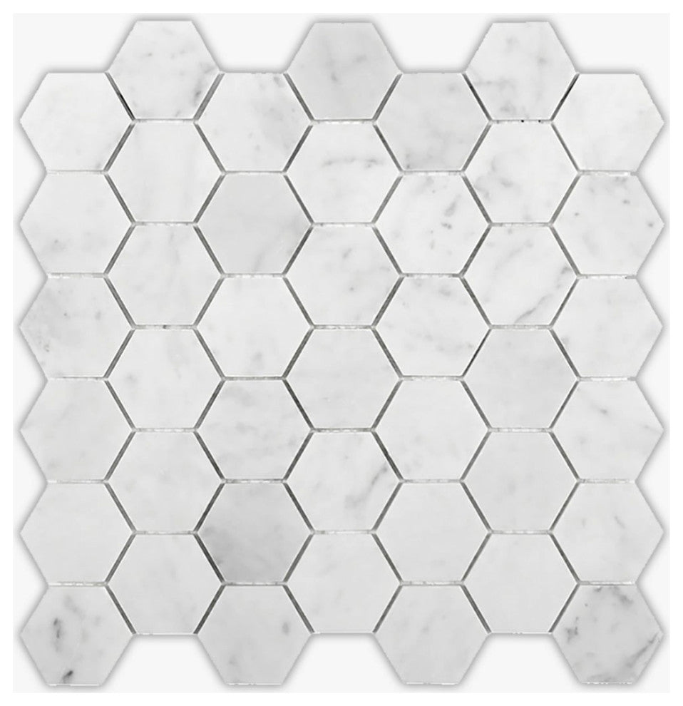 White Carrara Polished 2" Hexagon Marble Mosaic