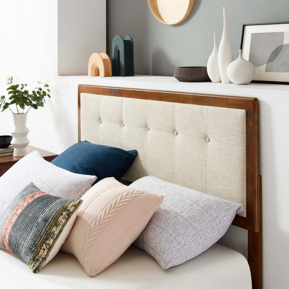 Platform Bed Frame, King Size, Wood, Brown Walnut Beige, Modern Mid-Century